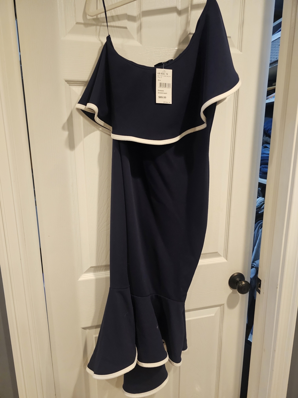 Strapless Navy Ruffle-Hem Dress with White Trim